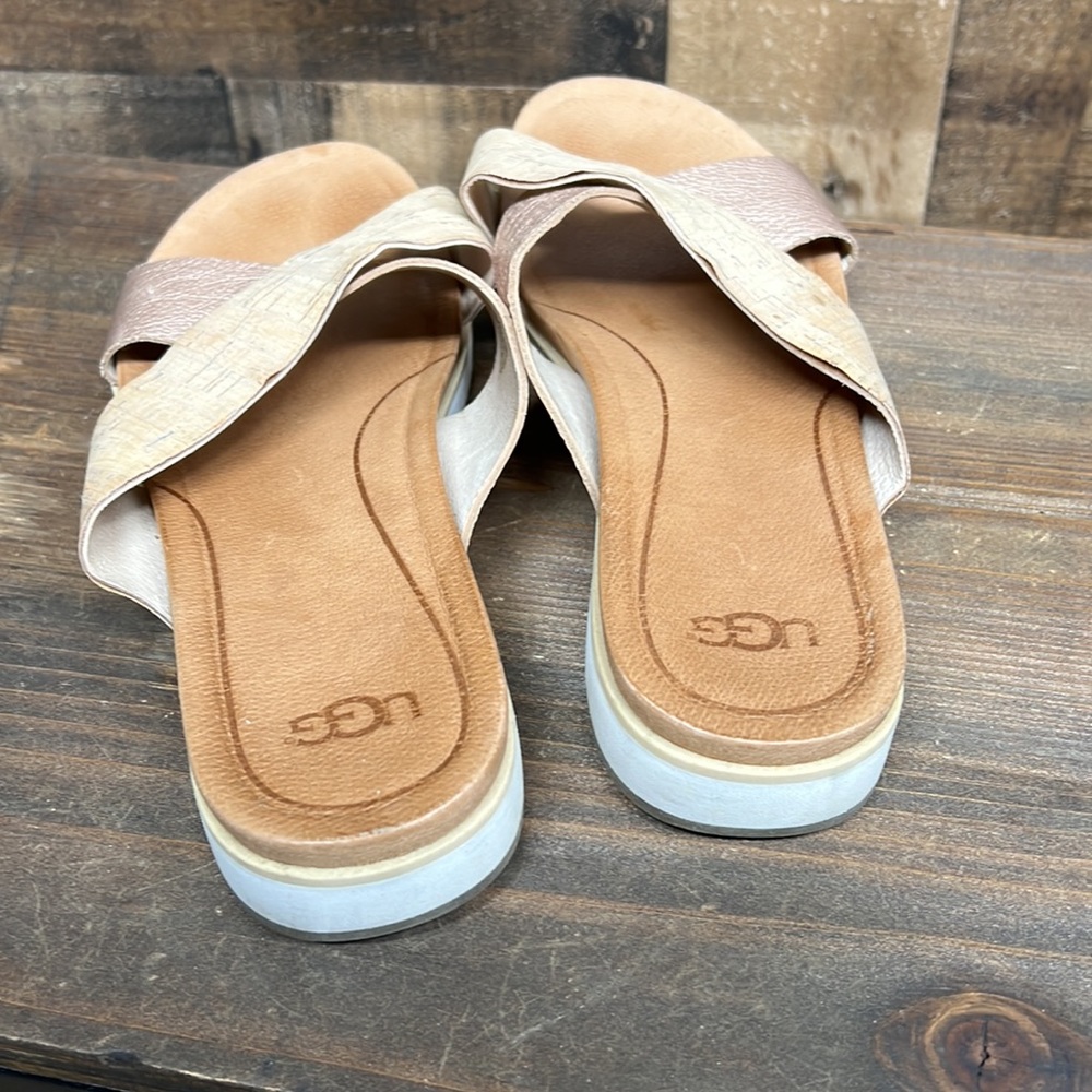UGG Kari Treadlite Women's Rose Gold Metallic Cork Leather Slide‎ Sandals Size - Picture 3 of 8